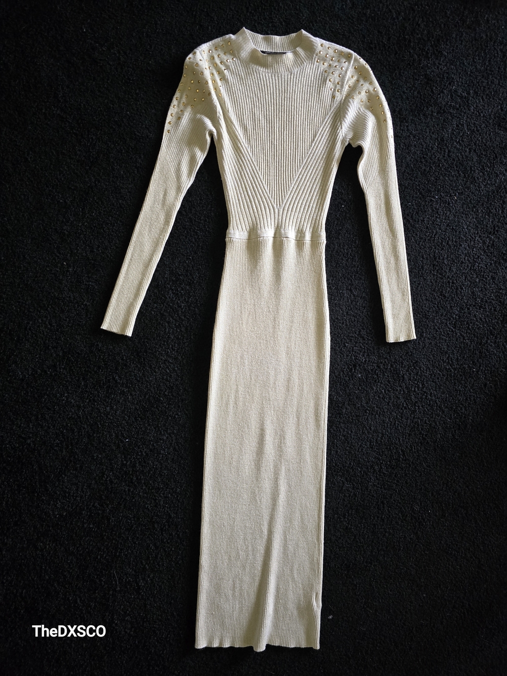 BCX Cream Long Sleeve Ribbed Maxi Dress with Shoulder Embellishments